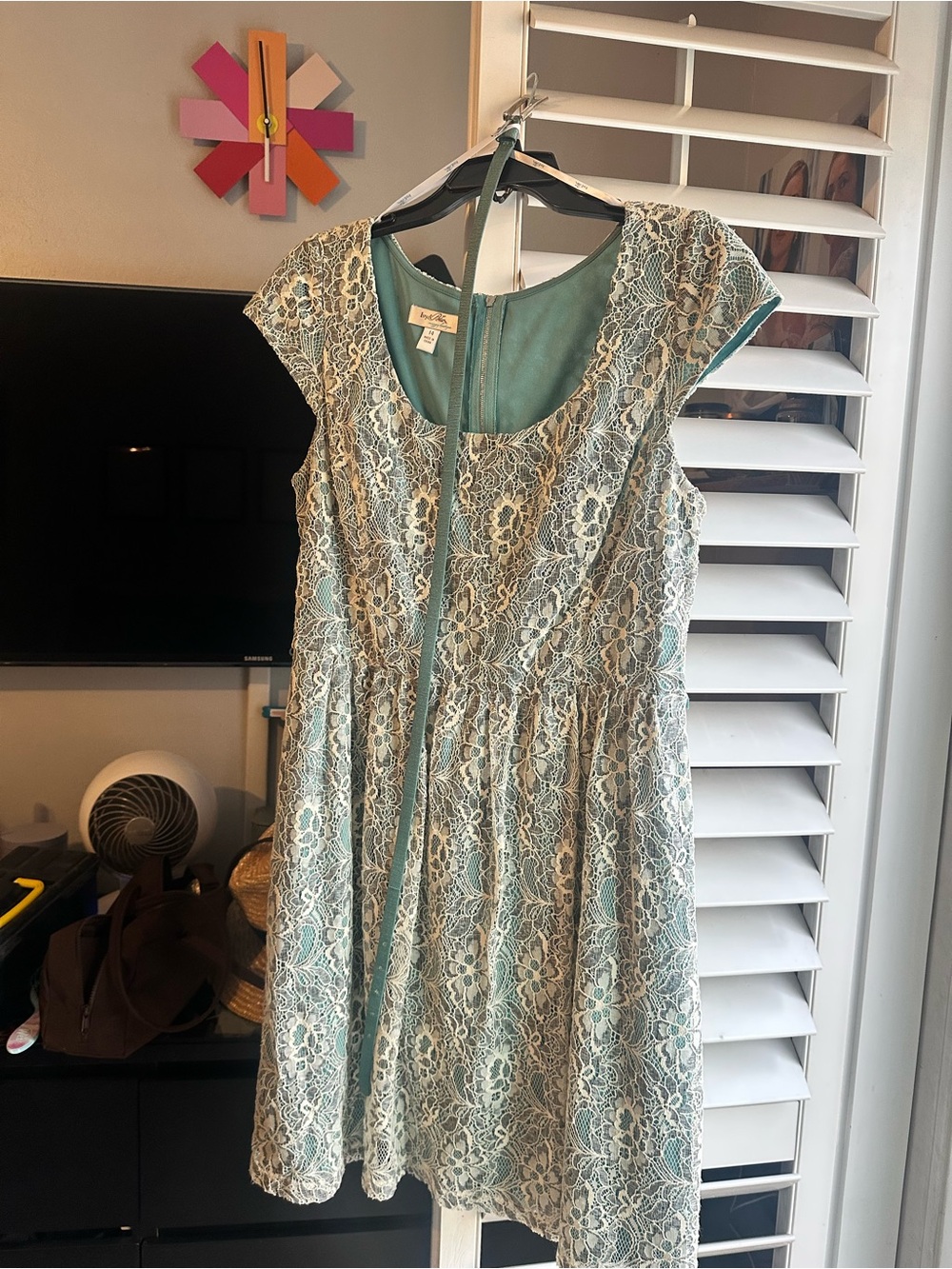 Scalloped Lace Fit-and-Flare Midi Dress in Light Aqua